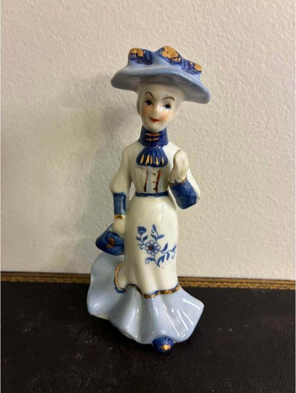 Vintage Blue & White Porcelain Lady Figurine – Delft Style Victorian Lady